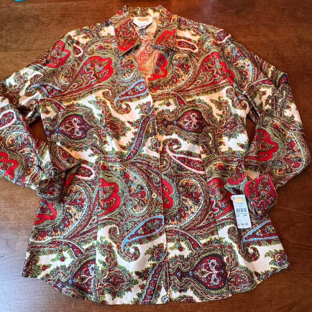 Talbots Petites Silk Paisley‎ Button Front Long Sleeve Blouse Size 14P NWT